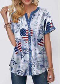 Flag Print Notch Neck Short Sleeve T Shirt | modlily.com - USD $28.30