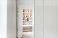 revêtement de sol et mural en bois clair et armoire blanche intégrée