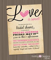 Bridal Shower Invitation, Love, Birds, Heart, Black, Pink, Rustic, Valentines, Sweet, Candy Theme, Customize Your Color (PRINTABLE FILE) on Etsy, $18.00