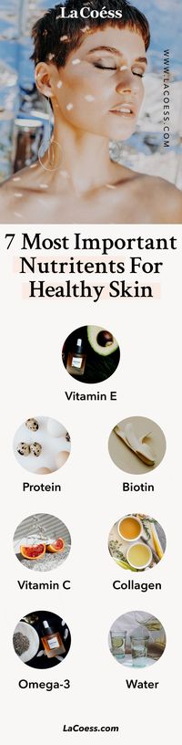 Choosing food that align with your health will help you live a long, healthier life. Below, we outline 7 key nutrients in inforgraphic for healthy skin. #healtyskindiet #naturalskincare #skincaretips #skincareroutine