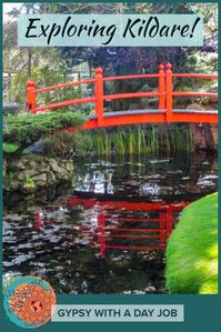 Red Japanese bridge reflected in the pool, in Kildare Ireland.