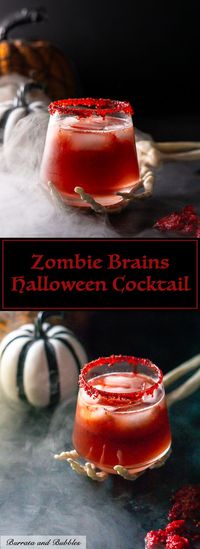 Who else loves fun and festive Halloween cocktails? This spooky Zombie Brains Halloween Cocktail uses vodka, Chambord, pomegranate juice and fresh raspberries. It'll get you into the Halloween spirit in no time and is a great addition to your Halloween party. #BurrataAndBubbles #HalloweenCocktails #HalloweenParty #HalloweenPartyFood #HalloweenPartyIdeas #Halloween #FallCocktails #FallCocktailsVodka #CocktailRecipes #VodkaCocktails
