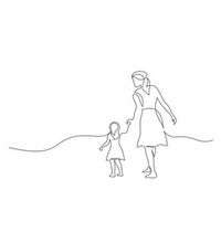 Mother and daughter walking together one line vector