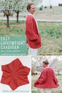 Two simple crochet hexagons transform into a lightweight, on-trend cardigan complete with cozy pockets and roomy bishop sleeves. This free, easy crochet sweater pattern and tutorial makes a great first garment for beginners and is perfect to wear in the spring or summer. Includes plus sizes and with Lion Brand Vanna's Style yarn. via @makeanddocrew #makeanddocrew #cardigan #freepattern #sweater #easy #beginner #tutorial #pattern #free #hexagon #modern #stylish #women #plussize #lionbrandyarn