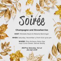Join us for our Champagne and Strawberries Soiree at Phia Alchemy Salon Spa! Enjoy a free energy reading with Melanie Benninger and good company while sipping champagne with strawberries or a sample of Phia's organic loose leaf tea. Feel welcome to bring kids and or guests, please RSVP by Saturday, October 27.