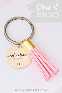 Soft suede leather tassel keychain that will look perfect hanging off any bag or key ring. These make the perfect gift for a 2020 Grad! Customize with your perfect APHI letters. #grad #gradgifts #sororitygrad #collegegraduation #graduationgifts #graduation #gifts #keychain #tassel #custom #personalized #greekletter #aphi #kkg #kappa #tridelta #deltagamma