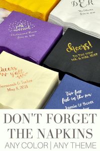 Wedding Napkins - Don't forget napkins for your wedding rehearsal dinner and wedding reception. This necessary detail is often overlooked until the last minute. Add interest to your wedding reception napkins by getting them personalized with a design, the bride and groom's name and wedding date. Personalized napkins make super conversation starters. Napkins like these can be designed at https://myweddingreceptionideas.com/wedding_napkins.asp