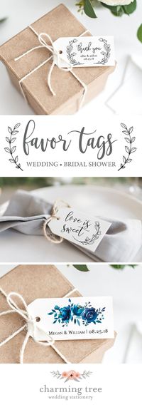 Beautiful favor tags for your wedding or bridal shower! Tie these to favors, silverware, or gifts. Personalize with your name and wedding date. #favortags #weddingstationery #weddingfavor tags #bridalshowerfavortags www.
