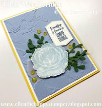 I dived into my most recent Use It Up Box box piece to make this card in a VIDEO. I have used discarded pieces from recent projects using the Healing Hugs and Enjoy The Moment stamp sets, Painted Texture 3D Embossing Fold4er and Tasteful Labels dies. I added in the Sprig Punch, Vellum, Opal Round that are coloured with Stampin' Blends.