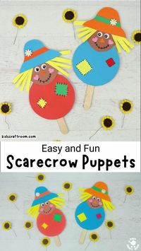 This Paper Scarecrow Puppet Craft is so cute! It's a lovely Fall Craft for kids of all ages. He's got a big happy smile, straw hair and patched clothes. He's just right for scaring away all those pesky crows! #kidscraftroom #kidscrafts #fallcrafts #autumncrafts #scarecrow #puppets