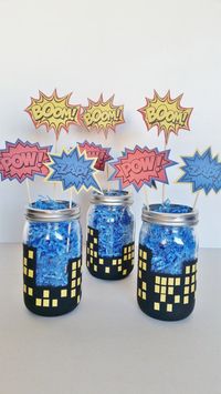 SuperHero Party Centerpieces, Boys Birthday Decor, Batman Superman and Spiderman Mason Jar Centerpieces, Superhero In Training Baby Shower