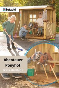 Der Ponyhof aus solidem Holz ist die ideale Heimat eurer Steckenpferde und auch für U3-Kinder geeignet. Gestaltet ihrn gemeinsam mit den Kindern. Die Steckenpferde laden ein zu phantasievollen Rollenspielen, Spring- oder Dressurturnieren. Dabei sind die Kinder in Bewegung und üben sich in Koordination. Im Umgang mit ihrem Steckenpferd und bei dessen Pflege übernehmen sie Verantwortung und trainieren Disziplin. Mehr sehen >
