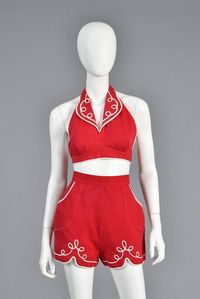 1940s 2 Piece Red Play Suit with White Trim