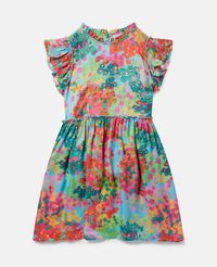 Painted Floral Print Frill Trim Dress-Blue-large