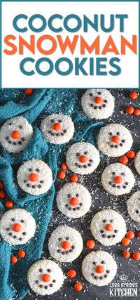 Coconut Snowman Cookies are simply adorable! They're also very easy to make, inexpensive, and delicious too! The base of the cookie melts in your mouth! Using mini chocolate chips for his eyes and mouth, and an orange candy-coated chocolate for his nose, these cookies are almost too cute to eat! #snowman #coconut #cookies #sugarcookies