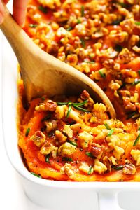 Savory Sweet Potato Casserole Recipe | Gimme Some Oven: This savory sweet potato casserole recipe is easy to make, made with healthier ingredients, and topped with the most irresistible maple rosemary walnut topping!