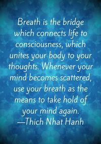 Breath is the bridge which connects life to consciousness, which unites your body to your thoughts. Whenever your mind becomes scattered, use your breath as the means to take hold of your mind again. -Thich Nhat Hanh #mindsetquotes #mindfulness