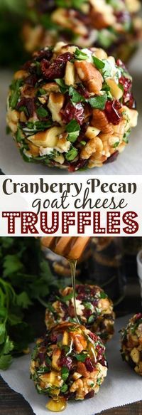 Cranberry Pecan Goat Cheese Truffles: these festive mini cheese balls only take 15 minutes and are loaded with creamy goat cheese, cranberries and crunchy pecans!