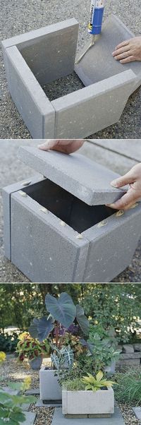 DIY concrete planter box All you need are a few - pavers, landscape-block adhesive, and a little time. Wait 24 hours for everything to cure and you're ready to move your new planters into place and fill them with dirt and greenery.