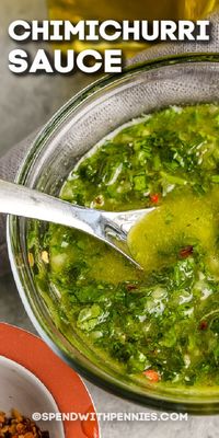 Try making our homemade Chimichurri Sauce, it's super easy! Simple fresh ingredients like parsley, cilantro, and oregano make this sauce a classic condiment. #spendwithpennies #chimichurrisauce #sauce #dipsanddressings #recipe #homemade #howtomake #spicy #best #simple #healthy