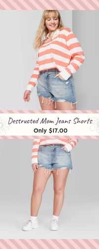 #target #afflink #plussize Sexy and casual all in one, these cut-off mom jeans shorts are the perfect addition to your wardrobe. Keeping up with the high-rise trend and giving you a casual 90's look, they're sure to become your new favorite shorts. -Model wears size 16 and is 5’9” -High-waisted denim shorts -100% cotton fabric with a relaxed fit -Cutoff style features destructed detailing