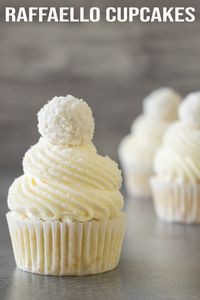 These Raffaello coconut almond cupcakes are soft and moist white cupcakes with decorated with dreamy white frosting. Perfect for elegant summer occasions! #cupcake #raffaello #whitecupcakes #coconut #almond #elmundoeats