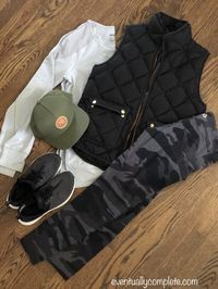 Outfit Flatlay | athleisure in the cold...long sleeve shirt, puffer vest, Camo leggings, hat, tennis shoes #athleisure #momstyle #busymom #ootd #puffervest #camo #flatlay