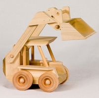 Skid Loader: Sturdily crafted by Amish artisans to take rough play in stride, these wooden model tractors make an ideal gift idea for fun-loving children and serious farm toy collectors alike. Load hay, move earth, and help get the farm into working order with this toy tractor. Remarkable details of this solid-wood Amish farm toy include a moveable bucket, lift, wheels, and even simulated gearshifts in the cab.