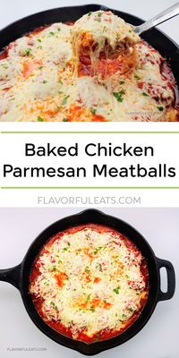 Made with tender homemade Italian chicken meatballs topped with marinara sauce and plenty of melted mozzarella cheese, this one-pan recipe for Baked Chicken Parmesan Meatballs will satisfy your comfort food cravings! These cheesy, saucy meatballs are perfect over pasta or added to rolls for the best meatball parmesan subs!