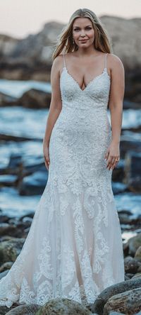 Plus size wedding dress by Allure Bridals - Style 9624 | Slim beaded straps support this delicate yet bold sheath lace gown with v-neckline for the romantic bride #ad #weddingdress #weddingdresses #bridalgown #bridal #bridalgowns #weddinggown #bridetobe #weddings #bride #dreamdress #bridalcollection #bridaldress #dress See more gorgeous wedding dresses by clicking on the photo