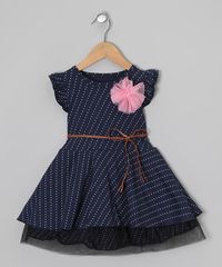 Navy & White Polka Dot Belted Dress - Toddler & Girls