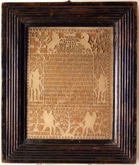 At the bottom it bears the inscription "CUT WITH A KNIFE IN THE YEAR 1800 BY me JOHN MONJOY" The picture is in what appears to be the original reeded ebonised frame.