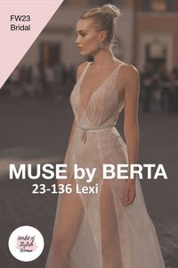 Embroidered Backless Slit A-Line Wedding Dress with a Deep V-Neck Cut. Ideal for a Beach Wedding. Fall Winter 2023 Bridal Collection "Pantheon" by Berta.