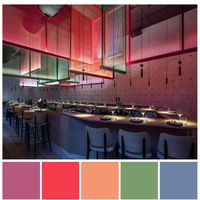 Tetradic colour scheme (Double complementary) features in this restaurant design - blue and orange plus green and red. Double complementary colours definitely add a sense energy and enliven a colour scheme. Tetradic colour scheme illustration by Zena O’Connor, PhD, using an image of Tel Aviv's Ya Pan bistro designed by local studio Pitsou Kedem, 2018.