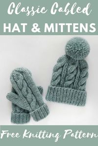 Click for the free knitting pattern and video tutorial for this cabled hat and mitten set! www.kniftyknittings.com