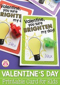 Here are some free printable non-candy Valentine's Day Cards for kids. Add a finger light, a glow stick, or a little flashlight for loads of fun at a Valentine's Day party. It's an original Valentine that kiddos will surely enjoy...perfect for kids in preschool, pre-k, and kindergarten.