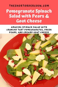 Fresh spinach dressed with a ton of flavor via only a few amazing ingredients. Bright tart pomegranate seeds add crunch and the goat cheese is creamy. Add fresh pears and dressing - viola! @theshortordercook #spinachsalad #pears #pomegranate #goatcheese #spinach #wintersalad