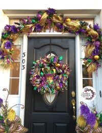 Stunning entrance way by Southern Charm Wreaths! Deco Mesh Mardi Gras Door - Learn to make this yourself!