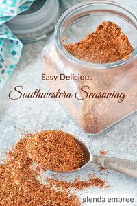 Easy Delicious Southwestern Seasoning My Southwestern Seasoning is an easy, delicious southwest spice blend that adds explosive flavor to your favorite southwest inspired dishes. Think tacos, chimichangas, pinto beans, salad dressing, burritos, soup and so much more! Savory and herbaceous with a healthy dose of heat, this Southwest Spice Blend wakens your palate and tempts you to take "just one more bite"! So good! Grab the simple recipe on the blog, today.