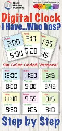 Teach your kids to read digital clocks step by step! 6 differentiated and color-coded games. Kinney Brothers Publishing Donald's English Classroom