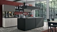 White aged oak | Matt lacquered smoke| Black anodised aluminium door | Matt lacquered tuscan red | Worktop: Fenix black