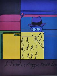 Valerio Adami, Sigmund Freud in viaggio verso Londra, quadrichromy reproduction, contemporary Italian artist, New figuration,