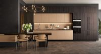 Havana gres Mutina | Thermo-treated oak and black aluminum frame bronze glass | Thermo-treated oak | Worktop: Mutina | Snack table: thermo-treated oak | Plinth: urban