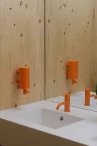 Combine the original VOLA colour Orange 05 with wood for a cozy scandinavian feeling. VOLA HV1 tap and T10JR Soap dispenser in colour 05 Orange. Project: Höllertalangerhütte, Germany. Architecht: Hohmann-Zeh. Copyright: Gerald Cappek. ____________________________________________________________#bathroom #kitchen #color #ideas #modern #coloured #tap #VOLA #design #luxury #handmade #elegant #inspiration #ArneJacobsen #orange #orangebathroom #soapdispenser