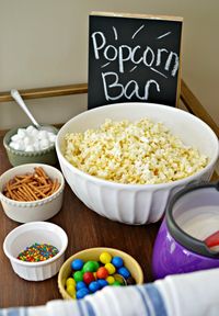Get ready for your family night with this yummy popcorn bar. Great idea for movie night and birthday parties. #familynight #popcorn #popcornbar #snacks #treats