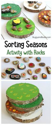 Four Seasons Activity for Preschool and Kindergarten: Sort story stones or picture stones (or painted rocks) onto wooden circles depicting spring, summer, fall, and winter. A fun seasonal art and craft activity and learning center!