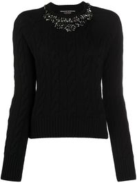 Black cashmere-wool blend crystal-neck cable knit sweater from ERMANNO SCERVINO featuring cable knit, crystal embellishment, round neck and long raglan sleeves.