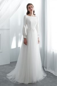 Ivory Long Sleeve Soft Satin Pink Lace Boho A line Wedding Dress with Open Back