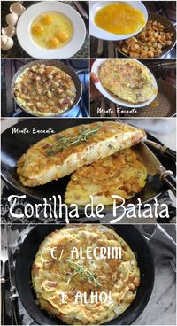 Tortilha de batatas com alecrim e alho, uma ótima sugestão de prato principal servida ao lado de uma saladinha fresca de alface com tomate… hummmm Prato espanhol, de uma panela só e facílimo de fazer. Basta fritar as batatas com alecrim e alho, depois juntar ovos batidos. O alho e o o alecrim emprestam um sabor estonteante as batatas que ficam crocantes por fora e macias por dentro… delícia pura!