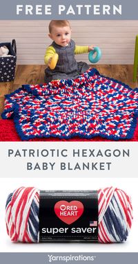Free Patriotic Hexagon Baby Blanket crochet pattern using Red Heart Super Saver yarn. Use classic American colors of red, white and blue combined with bouncy puff stitches for the perfect baby blanket! It is crocheted in rounds starting at the center so it works up quickly with no seaming. #Yarnspirations #FreeCrochetPattern #BabyBlanket #CrochetBlanket #USA #RedHeartYarn #RedHeartSuperSaver